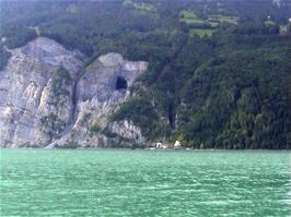 A mining and quarry hole in the rockface overlooking Lake Walen near Walenstadt, 32.6 miles into the ride.  It was used as a hospital in the second world war but is now used for testing rockfall cages